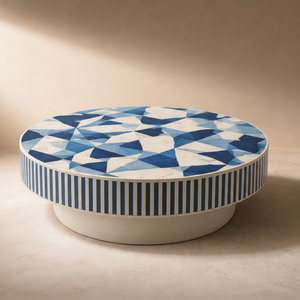 Modern <b>Round</b> Coffee <b>Table</b> Blue <b>White</b> Patterned Tea <b>Table</b> Living Room Home Office Wood Accent Furniture - Product Image 1