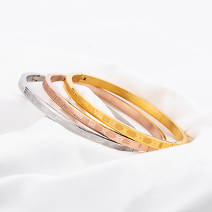 European American Retro 4Mm <b>Titanium</b> Steel Roman Numeral Cuff Bracelet 18K Gold Plated Unisex Jewelry - Product Image 2