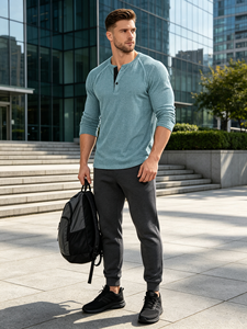 Jiaer Fabrik Großhandel Lässige Slim-Fit Langarm Henley Hemden mit Knöpfen aus Waffelstrick für Herren – Streetwear, Outdoor, Business - Product Image 3
