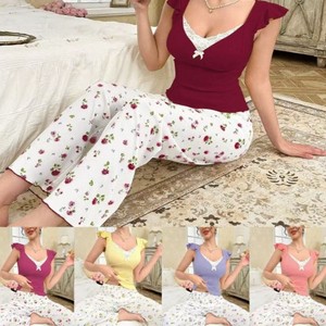 Pyjamas pour femmes de style nouveau 2025 avec bordure en dentelle, imprimé floral décontracté tendance, vêtements de maison pour femmes 7059 - Product Image 1