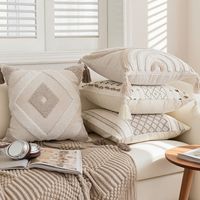 Housse de coussin carrée en coton et lin, style bohème, brodée, à franges, pour canapé, salon, dossier de lit, rayée, géométrique