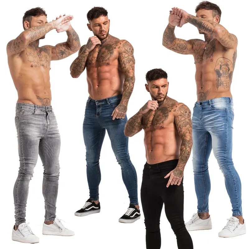 Gingtto Streetwear Jeans Denim Pria, Ramping Tanpa Sobek Ketat Regang untuk Lelaki