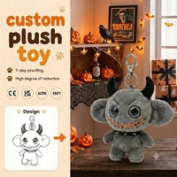 Porte-clés en peluche personnalisé en polyester, motif monstre cornu, pour Halloween, fabrication sur mesure, prototypage, poupée en peluche, mascotte commerciale, vente en gros