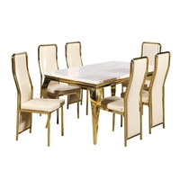 Table à manger de luxe moderne avec plateau en marbre et structure en acier inoxydable, et ensemble de chaises en cuir, à fort taux d'achat