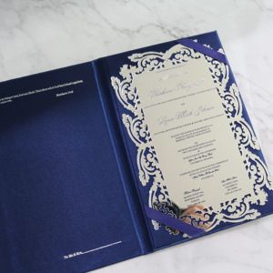 Lujo personalizado frustrado azul marino seda tela cinta Tapa dura plata espejo acrílico Tarjeta de invitación para menú boda negocios - Product Image 1