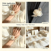Korsase Pergelangan Tangan Pita Satin Berhiaskan Mutiara Mawar Gading, Daun Emas, dan Rhinestone yang Elegan untuk Pengiring Pengantin, Pengantin Wanita, Pernikahan, dan Pesta Prom.