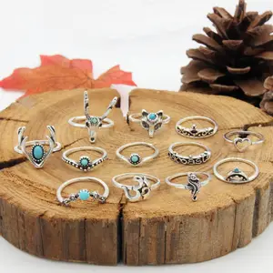 Wholesale Bohemian Cute Retro Deer Fox Seahorse Heart Turquoise 12 Pcs Rings Set