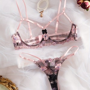 High Quality Sexy Underwear Set Hollow French Floral Embroidery Underwire Two-Piece Set - Product Image 4