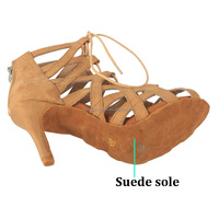Sepatu dansa Suede imitasi bertali aprikot kustom sepatu dansa Ballroom Salsa Wanita sol Suede lembut 8.5CM