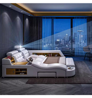 Lit intelligent multifonctionnel de luxe, taille king, design moderne, plateforme inclinable, cadre en bois, revêtement en cuir, lit de massage doux