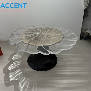 Table à manger ronde en fibre de verre, style feuille de lotus, avec piétement en forme de sablier côtelé et plateau en verre trempé, pour une décoration moderne et luxueuse de la maison - Product Image 3