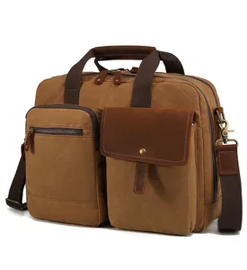 vintage genuine leather waxed canvas briefcase canvas messenger bag for men