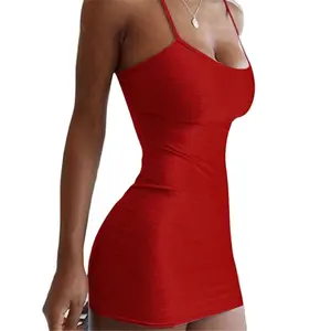Seksi ince düz renk kadın spagetti kayışı Cami elbise parti kız kulübü elbise kısa yaz ince elbise