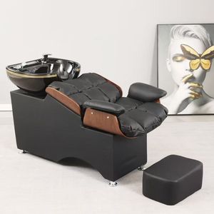 Lavacabezas de peluquería con lavabo cerámico, cama de belleza semireclinable con descarga de agua a pedal - Product Image 5