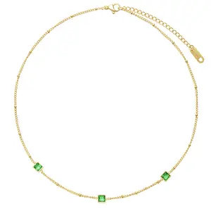 Bling 18k Gold Plated Emerald Crystal Necklaces Stainless Steel Green Cubic Zircon Cz Square Choker Vintage Necklace