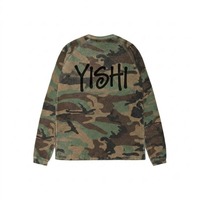 T-shirt à manches longues en maille gaufrée épaisse pour hommes, style streetwear grunge, avec logo personnalisé, effet vieilli et camouflage, vente en gros