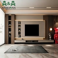 Meuble TV mural moderne de luxe beige et chocolat avec base flottante, deux colonnes d'affichage lumineuses et panneau latéral à lattes foncées