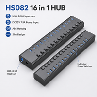 Hub USB 3.0 de 16 Puertos con 16 Interruptores Individuales, Adaptador de Corriente de 12V 7.5A, Carcasa de ABS, en Stock, Garantía de 12 Meses para PC