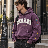 Sweat à capuche court 450 GSM délavé à l'acide avec imprimé graphique en strass, effet usé, découpes et poche kangourou, vente en gros usine