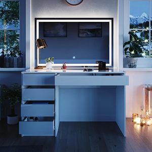 Table de toilette moderne blanche avec miroir LED, tiroirs de rangement, bois, table de maquillage pour chambre à coucher avec miroir éclairé - Product Image 6