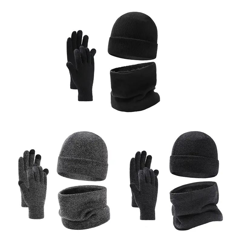 Wholesale knitted hat winter hat with scarf and gloves plush winter woolen hat 3-piece set for adults