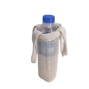 Crochet Knitted Water Bottle Holder Mesh Tote Wine Bottler Holders Cross-body Strap Cotton Crochet Water Bottle Holder