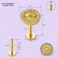 Piercing Labret à dos plat en Titane ASTM F136 avec Fleur CZ Halo Ronde, Or et Argent, pour Cartilage, Bijoux de Corps, Vente en Gros
