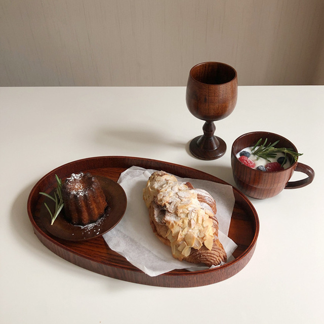 Wholesale Wooden Tea Coffee Serving Tray for Food Oval Black Walnut Wood Breakfast Tray With Handles