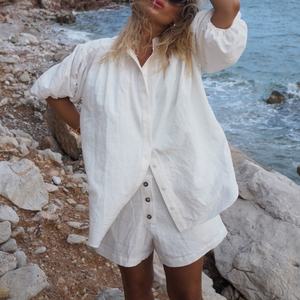 Ensemble décontracté en lin pour femme, style nouveau, chemise unie et short avec boutons décoratifs en toile de coton – Vente chaude OEM - Product Image 1