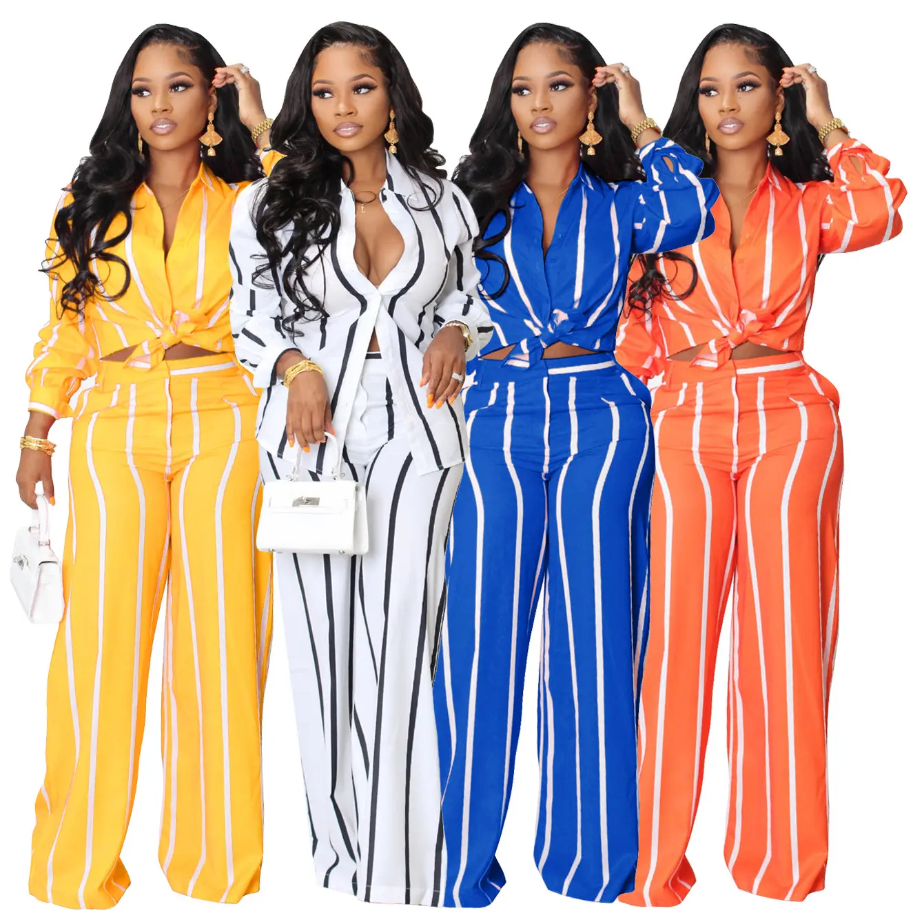 FEIBAI Printed striped shirt suit 2 piece women's set long sleeve loose straight pants