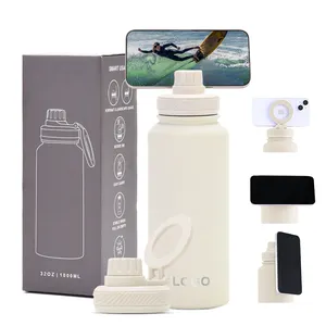 Bouteilles à vide personnalisées 1L 32oz à double paroi douces au toucher bouteille d'eau magnétique isolée en acier inoxydable Magsafe avec support pour téléphone