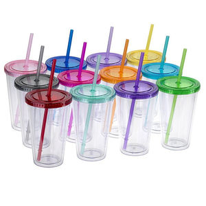 Bicchiere di plastica riutilizzabile a doppia parete da 16 once bevanda ghiacciata tazza di succo di tè al caffè con cannuccia - Product Image 6
