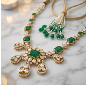 Ensemble de collier en argent 925 royal avec émeraude, bijoux de mariée de créateur, collier de perles traditionnel avec boucles d'oreilles pour femmes - Product Image 3