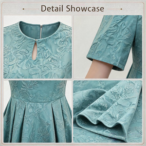 Vestido midi elegante <span class=keywords><strong>de</strong></span> verano con jacquard para mujer, manga abullonada, cuello hueco, ajustado, <span class=keywords><strong>verde</strong></span>, para <span class=keywords><strong>fiesta</strong></span> - Product Image 2