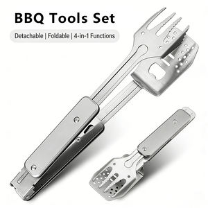Nuovo Design Set di Utensili per Barbecue 4 in 1 Pieghevoli Multifunzione in Acciaio Inox con Spatola, Forchetta <span class=keywords><strong>e</strong></span> Pinze per Campeggio all'Aperto - Product Image 1