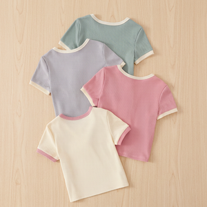 T-shirt côtelé à manches courtes 100 % coton écologique pour filles, col rond, couleur unie, tricoté, décontracté, été 2027 – Vente en gros - Product Image 2