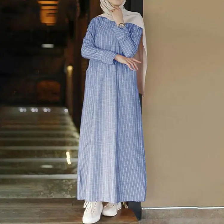 फैशन के नए अबाया मुस्लिम कपड़े स्ट्रिप्ड प्लस आकार की पोशाक थोक 2022 टर्की दुबाई सुरुचिपूर्ण महिलाओं के लिए लंबी आस्तीन