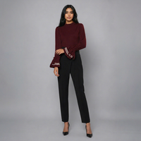 Pull élégant en maille à col montant, taille naturelle, manches à volants, couleur unie, style crayon, pour le bureau, sexy et professionnel
