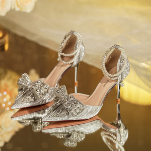 Zapatos de Tacón de Aguja con Punta Sólida y Adorno de Lazo de Pedrería, con Correa al Tobillo, para Novia, Cómodos, Calzado de Boda para Mujer, Forro de Satén - Product Image 3