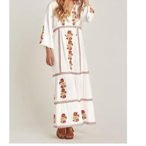 Kadın uzun kollu meksika işlemeli çiçek pileli Maxi gevşek kokteyl yeni Bohemian tatil tarzı v yaka moda elbise - Product Image 2
