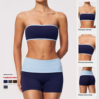 Groothandel op maat gemaakte yoga fitness kledingset, zachte strapless bh, high waist shorts, activewear, kleurblokken, workout kleding