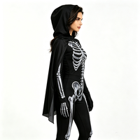 Damen Skelett-Kostüm Silberner Knochen-Print Jumpsuit mit Umhang Halloween Faschingskostüm