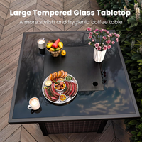 Table de foyer carrée en rotin au propane d'extérieur avec couvercle en verre trempé, pare-vent en verre, 50 000 BTU, pour terrasse, jardin