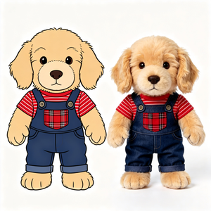 Peluche de <span class=keywords><strong>Labrador</strong></span> Suave y Esponjoso con Camisa a Cuadros Roja y Overol de Mezclilla, Muñeco de Peluche para Niños, Regalo, Juguete de Peluche de Perro Suave y Esponjoso - Product Image 1