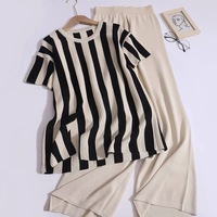 Conjunto de Dos Piezas de Punto para Mujer, Estilo Casual, Simple, a Rayas, con Abertura Lateral, para Verano, Otoño e Invierno