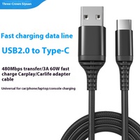 Saluran Data USB2.0 ke tipe-c OTG dengan pengisian daya Cepat 3A dan jaket PVC untuk kotak Carplay navigasi mobil Carlife bahan aluminium