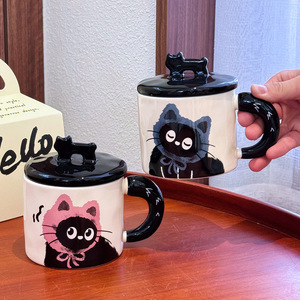 Mug en céramique avec couvercle motif chat mignon, design rétro, capacité 300 ml, tasse à eau créative pour le bureau, cadeau souvenir pour couple, boîte cadeau, cadeau d'anniversaire parfait - Product Image 4