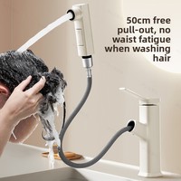 Robinet de salle de bain blanc crème avec douchette extractible pour lavabo, eau chaude et froide