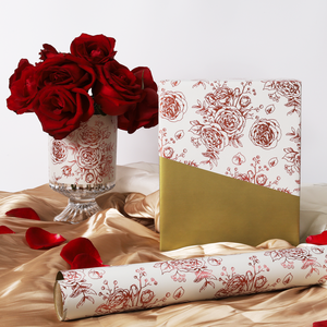Papier d'emballage en cuivre ciré rouge floral vintage français, face unique, doré mat à l'arrière, pour mariage, douche nuptiale, bouquet de faveurs - Product Image 2