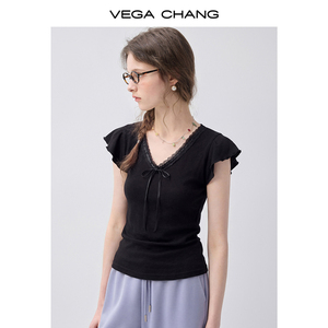 <span class=keywords><strong>เสื้อ</strong></span>ยืดแขนสั้นสีเทาอ่อน VEGA CHANG สำหรับผู้หญิง คอวี แต่งลูกไม้ แขนระบาย ผูกโบว์ ทรงเข้ารูป สไตล์ลำลอง ผ้าถัก - Product Image 3
